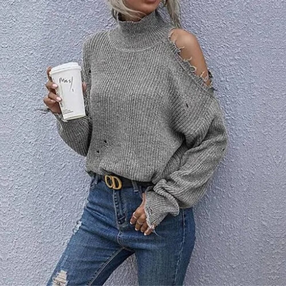 REVOLVE Gray Distressed Cold-Shoulder Turtleneck Sweater